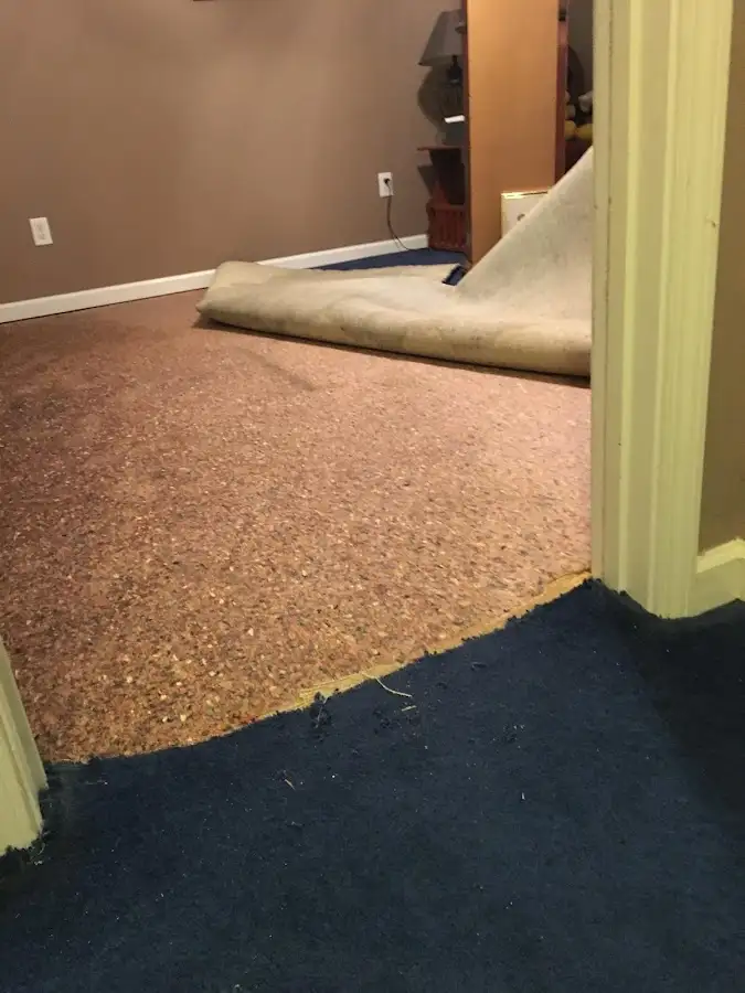 Carpet pad removal revealing water damage during Water Mitigation Services in Blackhawk